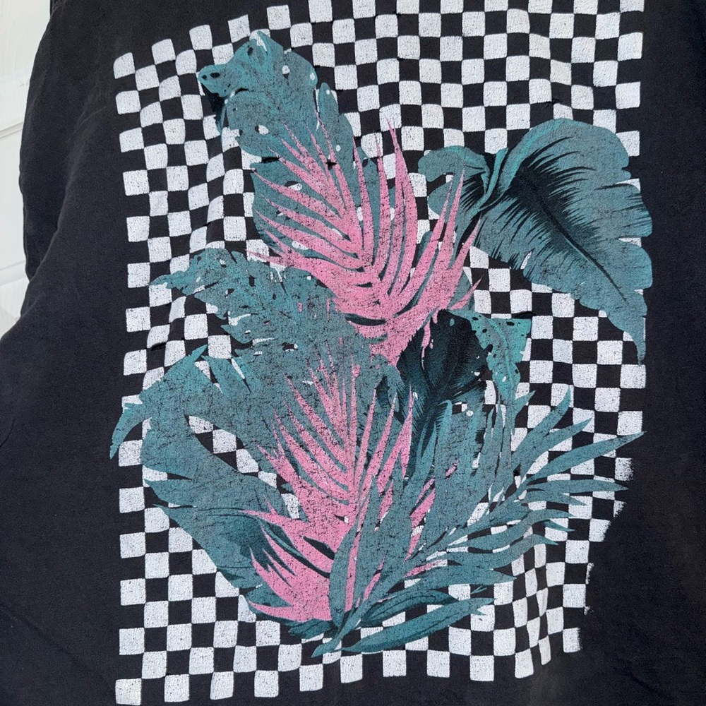 Distressed Black Graphic T-Shirt with Tropical Graphic Print Front & Back - Picture 10 of 11